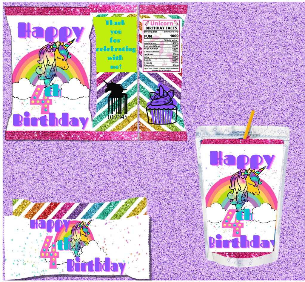 Unicorn Happy Birthday Set(Chip Bag, Rice Krispie Wrapper, and Capri Sun Label)- Digital Download