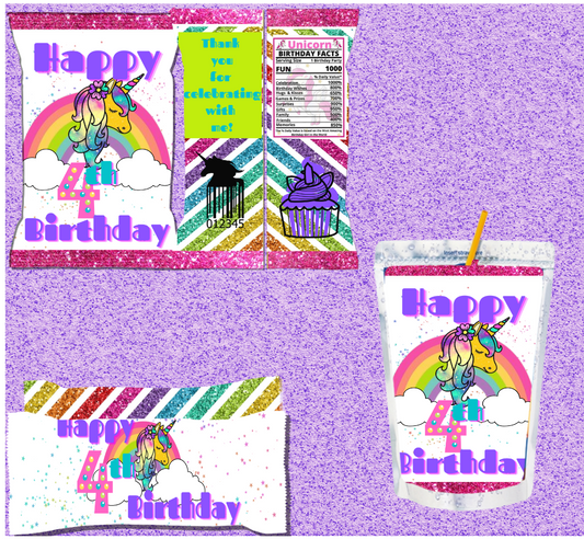 Unicorn Happy Birthday Set(Chip Bag, Rice Krispie Wrapper, and Capri Sun Label)- Digital Download